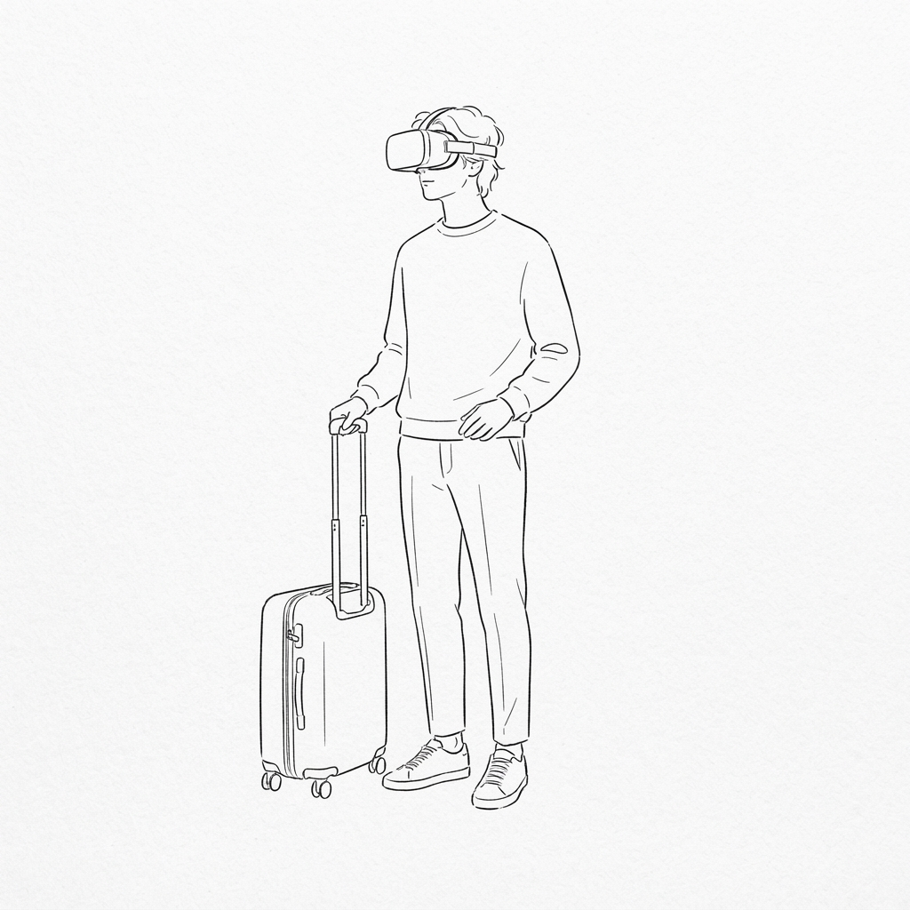 Person mit VR-Headset und Reisekoffer